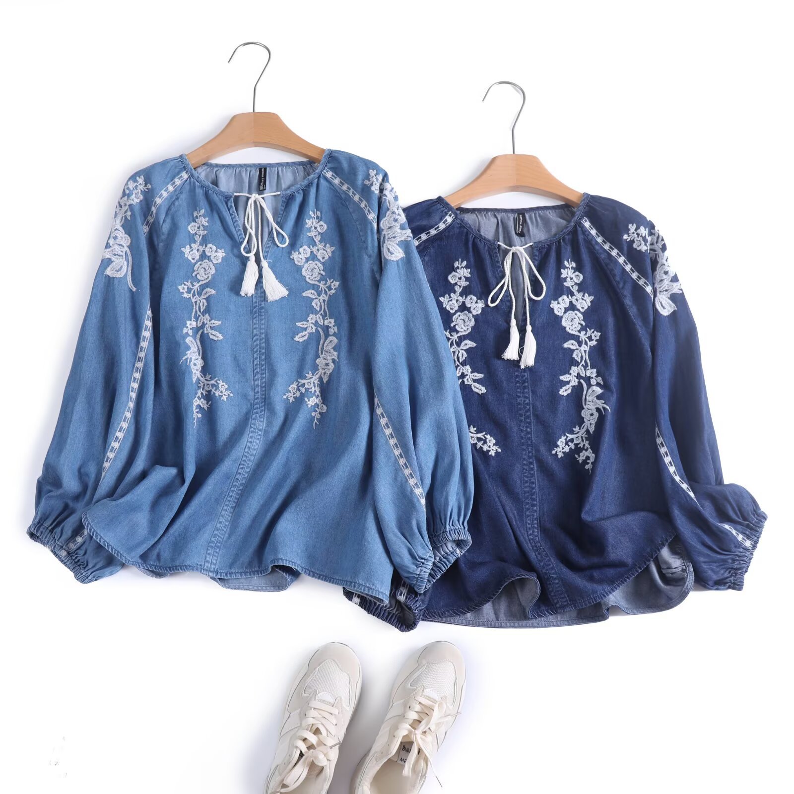 Kadın Denim Bluz Üst Çiçek Nak - Tassel Fringe Trim incelemesi ve fiyatı